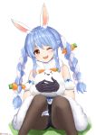  &gt;_&lt; 1girl :3 ;d absurdres animal animal_ear_fluff animal_ears bangs bare_shoulders black_gloves black_legwear black_leotard blue_hair bow braid bunny-shaped_pupils bunny_ears carrot_hair_ornament detached_sleeves dress eyebrows_visible_through_hair feet_out_of_frame food_themed_hair_ornament fur_trim gloves hair_between_eyes hair_bow hair_ornament head_tilt highres holding holding_animal hololive knees_up legband leotard long_hair looking_at_viewer multicolored_hair nanaushi one_eye_closed open_mouth orange_eyes puffy_short_sleeves puffy_sleeves short_sleeves silver_hair simple_background sitting smile solo twin_braids twintails two-tone_hair usada_pekora virtual_youtuber white_background white_bow white_dress 