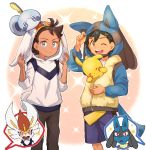  2boys antenna_hair ash_ketchum bangs black_hair blue_eyes blush brown_eyes brown_hair brown_pants chitozen_(pri_zen) cinderace closed_mouth eyelashes gen_1_pokemon gen_4_pokemon gen_8_pokemon goh_(pokemon) highres hood hood_up hoodie looking_at_viewer lucario male_focus multiple_boys on_head one_eye_closed pants pikachu pokemon pokemon_(anime) pokemon_(creature) pokemon_on_head pokemon_swsh_(anime) shirt shorts sleeves_past_elbows smile sobble symbol_commentary white_shirt 