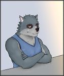  2020 absurd_res anthro black_nose canid canine canis clothing fur grey_body grey_fur hi_res humanoid_hands male mammal marsze5 password_(visual_novel) shirt solo topwear tyson_(password) video_games visual_novel wolf 