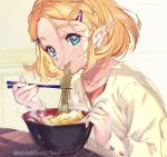  1girl alternate_costume bangs blonde_hair blue_eyes blush bowl braid casual chopsticks closed_mouth collarbone commentary eating food glint hair_between_eyes hair_ornament hairclip highres looking_at_viewer noodles parted_bangs pointy_ears princess_zelda shirt short_hair shuri_(84k) soba solo spoon sweat tempura the_legend_of_zelda the_legend_of_zelda:_breath_of_the_wild the_legend_of_zelda:_breath_of_the_wild_2 thick_eyebrows twitter_username upper_body white_shirt 