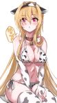  1girl :o absurdres animal_ears animal_print bangs bare_shoulders bell bell_collar bikini blonde_hair blush bridal_gauntlets chinese_zodiac collar commentary_request cow_ears cow_horns cow_print eyebrows_visible_through_hair fake_animal_ears fake_horns hair_between_eyes hairband highres horns idolmaster idolmaster_cinderella_girls kurosaki_chitose long_hair looking_at_viewer navel no_shoes parted_lips pizzasi print_bikini print_legwear red_collar red_eyes seiza side-tie_bikini simple_background sitting soles solo speech_bubble swimsuit thighhighs very_long_hair white_background white_bikini white_legwear year_of_the_ox 