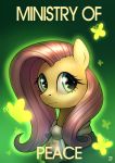  2019 absurd_res alternate_version_at_source arthropod butterfly clothed clothed_feral clothing english_text equid equine eyelashes fallout_equestria female feral fluttershy_(mlp) friendship_is_magic fur green_background green_eyes hasbro hi_res horse insect jedayskayvoker lepidopteran looking_at_viewer mammal mane my_little_pony pink_mane pony poster signature simple_background solo text yellow_body yellow_fur 
