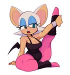  anthro bodily_fluids breasts chiropteran cleavage clothed clothing female fiinel hi_res leg_warmers legwear leotard mammal open_mouth raised_leg rouge_the_bat sitting solo sonic_the_hedgehog_(series) stretching sweat wings 
