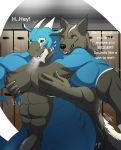  2020 abs anthro big_muscles big_pecs big_penis black_countershading black_penis blue_body breath canid canine canis countershading dialogue digital_media_(artwork) dragon duo english_text fur genitals grey_body grey_fur growth hi_res locker_room male mammal muscular muscular_anthro muscular_arms muscular_male nude pec_grab pecs penis purple_eyes scalie signature standing_behind text western_dragon wolf yellow_eyes zawn zawn_(character) 