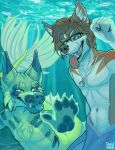  anthro athletic canid canine canis duo ears_up eyewear fish fish_tail fur glass glasses hybrid inner_ear_fluff jewelry jewlery male male/male mammal marine merfolk mermaidification necklace paws scar smile smirk taru teeth tongue tongue_out tuft underwater water wet wet_body wet_fur wolf 