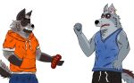  2019 anthro bottomwear canid canine canis clothing dave_(password) duo eyes_closed fur grey_body grey_fur hoodie humanoid_hands hyaenid male mammal pants password_(visual_novel) shirt shizumei_608 simple_background striped_hyena topwear tyson_(password) video_games visual_novel white_background wolf 
