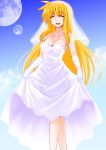 1girl above_clouds bangs bare_shoulders blonde_hair blue_sky bridal_veil clear_sky cloud commentary dress engo_(aquawatery) eyebrows_visible_through_hair facing_viewer fate_testarossa gloves jewelry light_blush long_dress long_hair lyrical_nanoha mahou_shoujo_lyrical_nanoha_strikers medium_hair mizuki_nana multiple_moons necklace open_mouth pearl_necklace seiyuu_connection sidelocks skirt_hold sky smile solo standing strapless strapless_dress veil wedding_dress white_dress white_gloves 