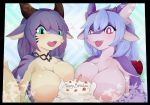  2020 anthro aruri birthday_cake black_border bodily_fluids border breast_squish breasts breath cake candle cute_fangs dessert dragon dragoon86 duo english_text fangs female flying_sweatdrops food green_eyes hair horn kemono lanya_(shian) long_hair open_mouth pupils purple_body purple_eyes purple_hair slit_pupils squish sweat sweatdrop text tongue 