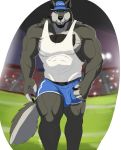  2020 anthro blue_baseball_cap blue_bottomwear blue_clothing blue_shorts bottomwear bulge canid canine canis clothing coach_mika english_text facial_hair football_field fur genital_outline grey_body grey_fur hi_res looking_at_viewer male mammal muscular muscular_anthro muscular_arms muscular_legs muscular_male nipples pecs penis_outline pink_nipples portrait shorts signature solo text three-quarter_portrait translucent translucent_clothing whistle_(object) wolf yellow_eyes zawn 