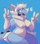  2019 4_fingers absurd_res allison_(neksu) anthro blue_background blue_body blue_fur breasts claws countershade_torso countershading dragon female fingers fur furred_dragon genitals gesture happy hi_res looking_at_viewer nude portrait pussy samoyena simple_background sitting solo three-quarter_portrait v_sign white_body white_countershading white_fur 
