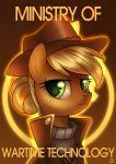  2019 absurd_res alternate_version_at_source applejack_(mlp) blonde_mane brown_background clothed clothed_feral clothing cowboy_hat english_text equid equine eyelashes fallout_equestria female feral freckles friendship_is_magic fur green_eyes hasbro hat headgear headwear hi_res horse jedayskayvoker looking_at_viewer mammal mane my_little_pony orange_body orange_fur pony poster signature simple_background solo text 