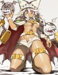  1girl ass_visible_through_thighs barefoot beltbra breasts cape clover commission creature dark_skin dark_skinned_female floating_swords four-leaf_clover guilty_gear guilty_gear_xrd highres huge_weapon kneeling looking_at_viewer medium_breasts orange_eyes platinum_blonde_hair ramlethal_valentine short_hair short_shorts shorts skeb_commission solo_focus sword thigh_strap underboob weapon ysk! 