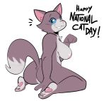  2019 absurd_res anthro blue_eyes breasts butt domestic_cat english_text felid feline felis female full-length_portrait fur grey_body grey_fur grin happy hi_res kneeling looking_at_viewer looking_back looking_back_at_viewer mammal nipples nude portrait rear_view samoyena smile solo tabatha_(samoyena) text 