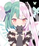  1girl animal black_cat black_dress black_ribbon blade_(galaxist) blush bow bright_pupils bug butterfly butterfly_wings cat double_bun dress dual_persona earrings green_butterfly green_hair hair_bow holding holding_animal holding_cat hololive insect jewelry long_hair looking_at_viewer medium_hair official_alternate_costume pink_hair purple_bow red_eyes ribbon skull_earrings solo symbol_in_eye twintails upper_body uruha_rushia white_pupils wings 