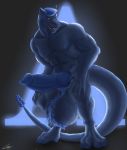  2019 4_toes abs animal_genitalia animal_penis anthro ball_tuft balls big_balls big_penis black_body black_fur blue_hair blue_nipples blue_penis canid canine canine_penis fur genitals hair hi_res huge_balls huge_penis male mammal muscular muscular_anthro muscular_male nipples open_mouth pecs penis sharp_teeth solo standing teeth toes tuft zawn 