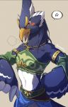  angry anthro avian beak bird blue_body blue_feathers blush breath_of_the_wild clothed clothing cross-popping_vein crossdressing embarrassed feathers hi_res ian_rizardon male nintendo revali rito the_legend_of_zelda vein video_games 