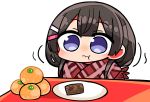  1girl :t bangs black_hair blue_eyes blush check_commentary chibi closed_mouth commentary_request eating enpera eyebrows_visible_through_hair food fringe_trim fruit hair_ornament hairclip kanikama long_hair lowres mandarin_orange nijisanji plaid plaid_scarf plate red_scarf scarf simple_background solo tsukino_mito upper_body virtual_youtuber wavy_mouth white_background 