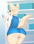  absurd_res aggressive_retsuko anthro big_breasts big_butt breasts butt canid canine cellphone clothed clothing female fennec fenneko fox hi_res holding_cellphone holding_object holding_phone huwon inside mammal open_mouth phone rear_view sanrio smile solo standing thick_thighs tongue wide_hips 