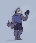  2020 absurd_res anthro black_nose bottomwear canid canine canis clothing exercise hi_res humanoid_hands male mammal metasighty password_(visual_novel) shirt shorts simple_eyes solo topwear tyson_(password) video_games visual_novel wolf workout 