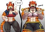  abs absurd_res anthro dialogue duo felid female hi_res mammal muscular pantherine razzberryboat tiger 