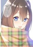  1girl :d absurdres bangs blue_eyes brown_hair commentary_request eyebrows_visible_through_hair hair_between_eyes highres looking_at_viewer one_side_up open_mouth original plaid plaid_scarf scarf smile solo suzunari_shizuku translation_request upper_body yuki_arare 