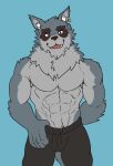  2020 anthro blue_background bottomwear bulge canid canine canis clothing hi_res humanoid_hands male mammal muscular muscular_anthro muscular_male pants password_(visual_novel) simple_background solo tyson_(password) video_games visual_novel wolf x-z-0 
