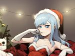  1girl blue_eyes blue_hair blush breasts cat christmas christmas_tree closed_mouth dress embarrassed fur-trimmed_dress fur-trimmed_headwear fur_trim gloves gogalking hand_up hat long_hair looking_at_viewer original reclining red_dress red_headwear santa_costume santa_hat small_breasts solo strapless strapless_dress thighhighs white_gloves white_legwear 