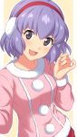  1girl :d absurdres blush cowboy_shot danball_senki earmuffs eyebrows_visible_through_hair fingernails grey_eyes hand_up head_tilt highres kawamura_ami long_sleeves looking_at_viewer medium_hair open_mouth outline pillarboxed pink_sweater pinky_out pom_pom_(clothes) purple_hair sekina smile solo sweater white_outline yellow_background 