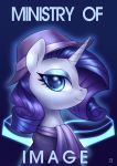  2019 absurd_res alternate_version_at_source blue_background clothed clothed_feral clothing english_text equid equine eyelashes fallout_equestria female feral friendship_is_magic fur hasbro hat headgear headwear hi_res horn jedayskayvoker looking_at_viewer mammal mane my_little_pony purple_mane rarity_(mlp) side_view signature simple_background smile solo text unicorn white_body white_fur 