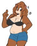  2019 anthro black_bra black_clothing black_underwear blue_bottomwear blue_clothing blue_shorts bottomwear bra breasts brown_body brown_fur brown_hair cleavage clothed clothing countershade_torso countershading female fur hair hand_on_hip hi_res mammal petunia_(gabbah) portrait samoyena shorts solo standing three-quarter_portrait underwear ursid 