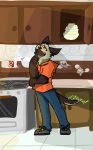  2020 anthro bottomwear clothing cute_fangs dave_(password) fur hoodie humanoid_hands hyaenid inside kitchen mammal multicolored_body multicolored_fur pants password_(visual_novel) riginalname1 solo striped_hyena topwear two_tone_body two_tone_fur video_games visual_novel 