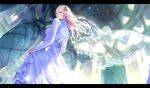  1girl absurdres blonde_hair blurry blurry_background closed_mouth dress earrings elezen elf final_fantasy final_fantasy_xiv hair_ornament hairclip highres jewelry long_hair pointy_ears purple_eyes red_lips sample single_earring solo turtleneck veil watermark wedding_dress yi_cat 