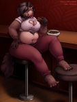  3:4 absurd_res bar belly big_belly big_breasts breasts choker collar ear_piercing female food hi_res hyaenid jewelry mammal miltonholmes necklace piercing side_eye slightly_chubby solo thick_thighs tuzzleton 