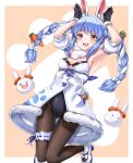  &gt;_&lt; 1girl :d absurdres animal_ear_fluff animal_ears armpits arms_up bangs black_gloves black_legwear black_leotard blue_hair blue_ribbon blush border bow braid breasts bunny_ears bunny_pose bunny_tail cleavage commentary_request detached_sleeves don-chan_(usada_pekora) dress extra_ears eyebrows_visible_through_hair foot_out_of_frame fur_trim gloves hair_bow hands_up highres hololive legband leotard long_hair open_mouth orange_background orange_eyes pantyhose pom_pom_(clothes) puffy_short_sleeves puffy_sleeves ribbon short_sleeves sidelocks silver_hair simple_background small_breasts smile solo tail thick_eyebrows twin_braids twintails usada_pekora virtual_youtuber watagashi-mfmf white_border white_bow white_dress 