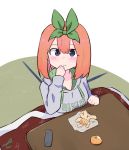  1girl :t bangs blue_eyes blush breasts commentary_request controller drawstring eating eyebrows_behind_hair food fruit go-toubun_no_hanayome green_ribbon grey_hoodie hair_between_eyes hair_ribbon highres hood hood_down hoodie kotatsu kujou_karasuma long_sleeves looking_at_viewer mandarin_orange medium_breasts nakano_yotsuba orange_hair remote_control ribbon solo table tatami under_kotatsu under_table 