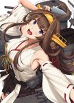  1girl armpit_crease blush breasts brown_hair brown_skirt cleavage commentary_request highres ichikawa_feesu japanese_clothes kantai_collection knife kongou_(kantai_collection) large_breasts looking_at_viewer nontraditional_miko open_mouth pleated_skirt purple_eyes rigging skirt sleeves solo white_background 