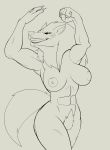  anthro black_and_white black_sclera canid canine canis female flexing fours_(artist) grin hi_res looking_at_viewer mammal monochrome muscular muscular_anthro muscular_female pubes smile solo wolf 
