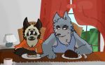  2020 anthro canid canine canis clothing dave_(password) detailed_background duo food fur grey_body grey_fur hoodie hyaenid inside mammal password_(visual_novel) riginalname1 shirt sitting striped_hyena topwear tyson_(password) video_games visual_novel wolf 