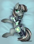  2018 black_mane black_tail cybernetic_leg cybernetic_limb cybernetics cyborg english_text equid equine fan_character female feral freckles fur green_eyes grey_body grey_fur hasbro hi_res highlights_(coloring) horse jedayskayvoker looking_at_viewer lying machine mammal mane my_little_pony on_back pony signature solo text white_highlights ych_result 