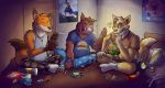  2020 absurd_res anthro bedroom bottomwear canid canine clothing fox group hi_res inside male mammal noatek nyzcait pants password_(visual_novel) procyonid raccoon roswell_(password) shirt shorts sitting slightly_chubby suid suina sus_(pig) topwear video_games visual_novel wild_boar 