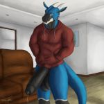  1:1 2019 anthro balls big_balls big_penis black_balls black_penis blue_body bottomless bottomless_male clothed clothing dragon erection genitals hands_in_pockets hi_res hoodie huge_balls huge_penis humanoid_genitalia humanoid_penis inside male penis pockets red_clothing red_hoodie red_topwear scalie solo standing topwear western_dragon zawn 