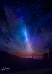  alu.m_(alpcmas) cloud dark fence grass highres horizon night night_sky no_humans ocean original road scenery shooting_star signature signpost sky star_(sky) starry_sky water 