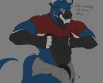  2019 abs anthro black_countershading black_penis blue_body bottomwear clothed clothing clothing_lift countershading dialogue dragon english_text flat_colors genitals grey_background grey_bottomwear grey_clothing male muscular muscular_anthro muscular_arms muscular_male penis red_clothing red_topwear scalie shirt shirt_lift simple_background solo text topwear torn_clothing western_dragon zawn zawn_(character) 
