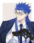  1boy alternate_costume bad_link blue_hair closed_mouth collared_shirt cu_chulainn_(fate)_(all) cu_chulainn_(fate/grand_order) earrings emya fate/grand_order fate_(series) glasses gloves interlocked_fingers jacket jacket_on_shoulders jewelry long_hair long_sleeves looking_at_viewer male_focus multiple_piercings necktie red_eyes shirt smile solo spiked_hair type-moon 