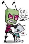  ! &lt;3 2017 ? alien alien_humanoid ambiguous/ambiguous ambiguous_gender angry antennae_(anatomy) bottomwear bottomwear_pull clenched_teeth clothing clothing_pull dialogue duo english_text gir gloves green_body green_skin handwear humanoid humanoid_on_humanoid invader_zim irken laugh machine molestation nickelodeon not_furry pants pants_pull profanity purple_eyes robot robot_humanoid teeth text tongue tongue_out ubernerdmaster zim 