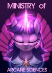  2019 absurd_res alternate_version_at_source clothed clothed_feral clothing english_text equid equine eyelashes eyes_closed fallout_equestria female feral friendship_is_magic fur glowing glowing_horn hasbro hi_res horn jedayskayvoker mammal mane my_little_pony poster purple_background purple_body purple_fur purple_mane signature simple_background solo text twilight_sparkle_(mlp) unicorn 