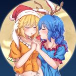  2girls after_kiss alternate_headwear animal_ears antlers arm_up bangs blonde_hair blue_dress blue_hair blush bunny_ears collarbone commentary dress ear_clip eyebrows_visible_through_hair facing_another floppy_ears full_moon hat heart highres holding_hands interlocked_fingers low_twintails midriff moon multiple_girls navel night open_mouth orange_shirt outdoors puffy_short_sleeves puffy_sleeves reindeer_antlers ringo_(touhou) saliva saliva_trail santa_hat seiran_(touhou) shirt short_hair short_sleeves siw0n standing tongue tongue_out touhou twintails upper_body yuri 