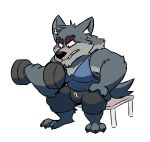  2019 anthro bodily_fluids bottomwear bulge canid canine canis clothing exercise fur grey_body grey_fur mammal pants password_(visual_novel) shirt simple_background sitting spookyblain sweat topwear tyson_(password) video_games visual_novel white_background wolf workout 