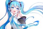  1girl bare_shoulders black_sleeves blue_eyes blue_hair blue_neckwear commentary detached_sleeves hair_ornament hand_on_headphones hatsune_miku hatsune_miku_(nt) headphones layered_sleeves letta_illust long_hair looking_to_the_side neck_ribbon open_mouth piapro ribbon see-through_sleeves shadow shirt shoulder_tattoo sleeveless sleeveless_shirt smile solo tattoo twintails upper_body very_long_hair vocaloid white_background white_shirt white_sleeves 