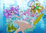  2girls :d absurdres air_bubble armpits bangs bare_shoulders blonde_hair blue_eyes blue_hair bracelet breasts bubble choker commentary_request crop_top cure_summer elbow_gloves fingerless_gloves flower gloves green_eyes groin hair_flower hair_ornament hair_strand highres holding_hands jewelry laura_(precure) light_rays long_hair looking_at_another magical_girl medium_breasts mermaid midriff monster_girl multicolored_hair multiple_girls natsumi_manatsu navel necklace okayu_(joneydcd) open_mouth pearl_hair_ornament pearl_necklace pink_hair precure purple_hair shirt side_ponytail sidelocks skirt sleeveless sleeveless_shirt small_breasts smile tropical-rouge!_precure underwater very_long_hair white_choker white_gloves white_shirt white_skirt 